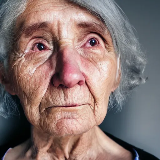 Prompt: Old woman, selfie, bright flash, front view photography, selfie photography, 8k, photorealism