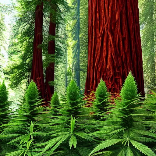 Image similar to of marijuana plants instead of coastal redwood trees in the redwoods forest in california, 4 k photorealism hd