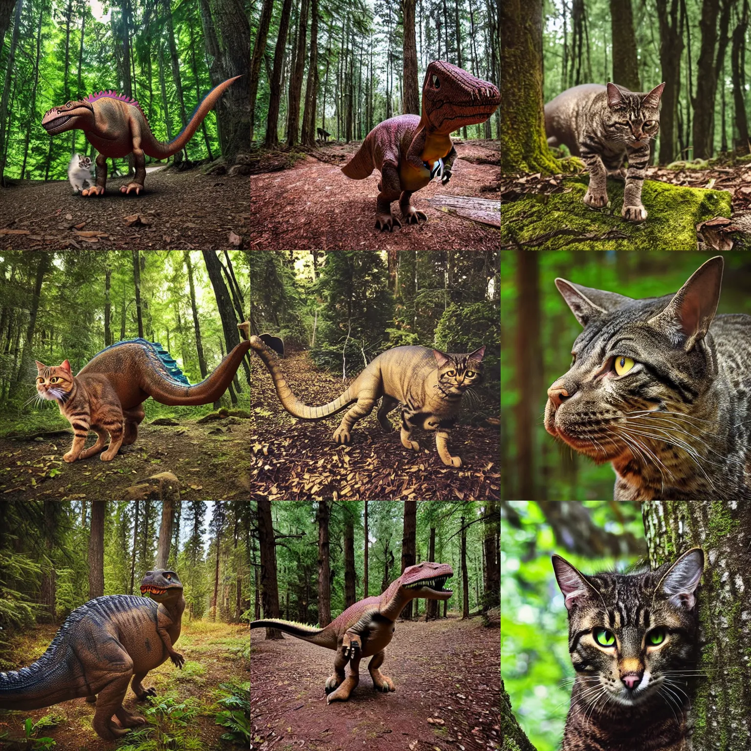 Prompt: a dinosaur with the head of a cat, slightly furry, in a forest, full body, wide angle, nature photography