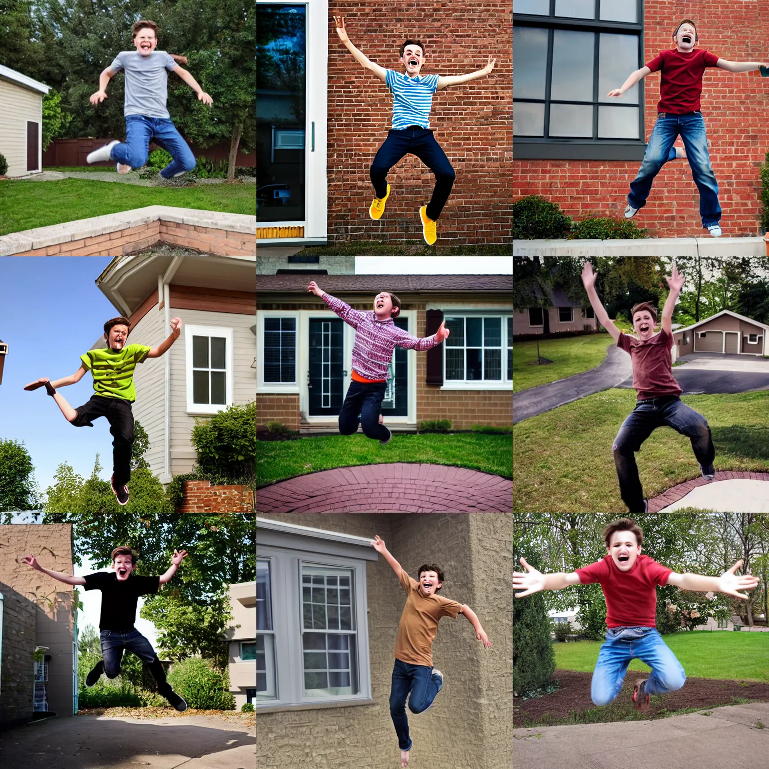 Prompt: a young man with brown hair jumping for joy outside his house because he gets free Xbox game upgrades on his computer, realistic photo