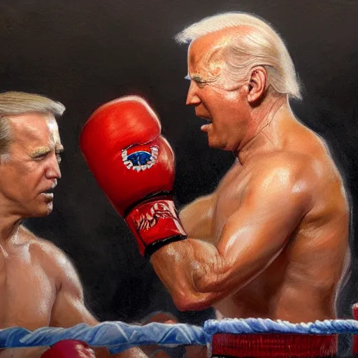 Image similar to a beautiful painting of donald trump fist - fighting joe biden in a boxing ring, rendered art, highly detailed painting by gaston bussiere, craig mullins, j. c. leyendecker 8 k, trending on artstation, art, fighting, watercolor