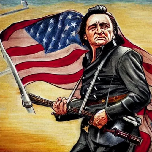 Image similar to fantasy art ultra detailed color johnny cash as a revolutionary war warrior bayoneting a traitor fbi agent