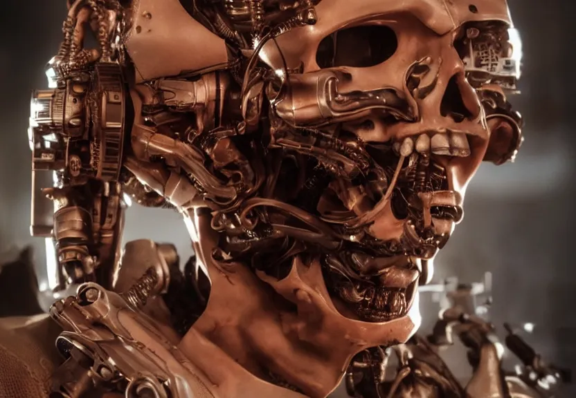 Image similar to vfx film, vaporwave space pirate destiny prototype technology, blade runner mad max cyborg, translucent skin revealing skull, biotech thief, flat color profile low - key lighting award winning photography arri alexa cinematography, hyper real photorealistic cinematic beautiful natural skin, famous face, atmospheric cool colorgrade