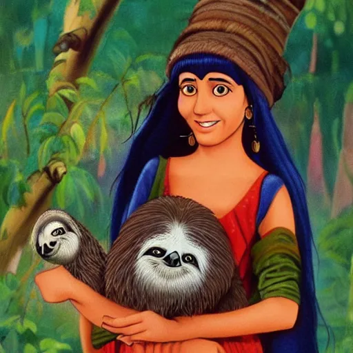 Prompt: a beautiful young indian cottagecore witch holds a cute sloth, 1 9 9 5 disney animation, highly detailed