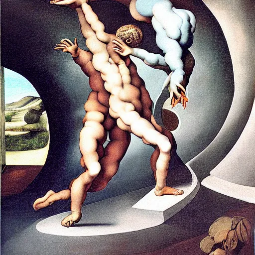 Image similar to optical illusion painting of a couple dancing in a worm hole, illusionism, mind blow, by michelangelo and salvador dali, detailed