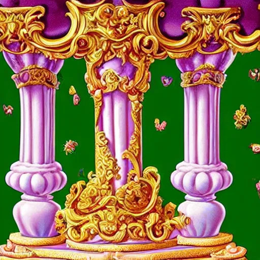 Prompt: baroque rococo painting Royal Fancy pedestal with cake Greg Hildebrandt Lisa Frank high detail cute adorable whimsical columns pedal close up