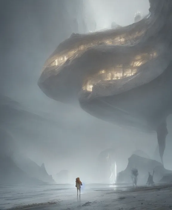 Image similar to surreal romantic prometheus horizontal white exploration base, ochre ancient palette, building architecture by ruan jia, futuristic, blame, white architecture in the beach in iceland, foggy, highly detailed, digital painting, arstation, concept art, hyperealistic octane render, unreal engine