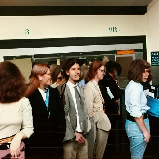 Prompt: employees at an office waiting in line at the exit of the facility, 1970s, color slide film, fisheye lens