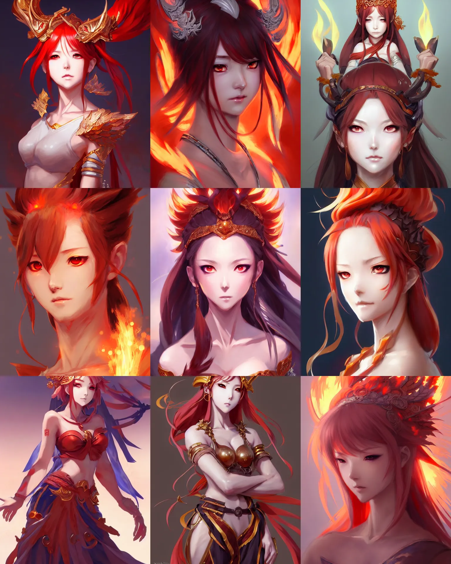 Prompt: character concept art of an anime goddess of fire and war | | cute - fine - face, pretty face, realistic shaded perfect face, fine details by stanley artgerm lau, wlop, rossdraws, james jean, andrei riabovitchev, marc simonetti, and sakimichan, seoul, south korea, trending on artstation