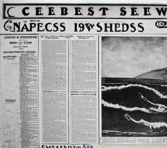 Prompt: photo of the loch ness monster on the cover of a 1 9 2 0 s newspaper,