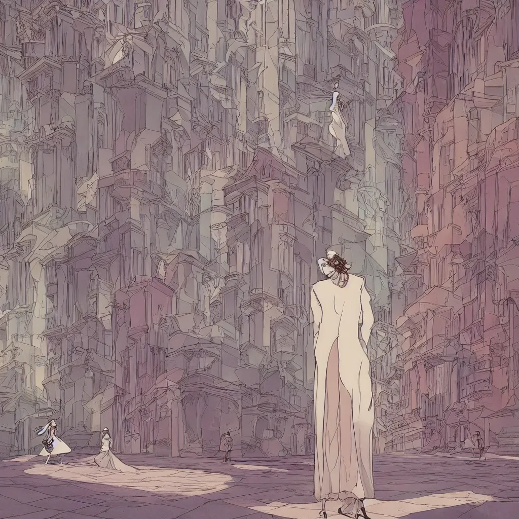 Image similar to an elegant full-length moebius-style woman walks through a surreal city