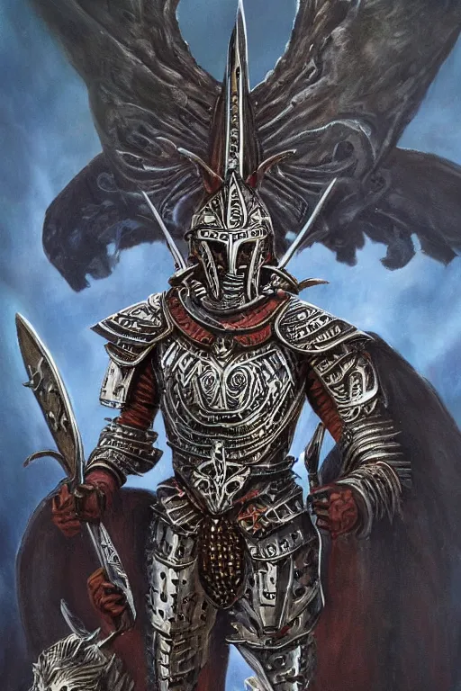 Image similar to full body concept art of Aztec knight wear baphomet armor made with porcelain by Jeff Easley and Peter Elson + beautiful eyes, beautiful face + symmetry face + galaxy + gothic, surreal, dread + highly detailed, intricate complexity, epic composition, magical atmosphere + masterpiece, award winning + trending on artstation