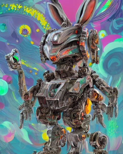 Image similar to mecha rabbit in wonderland, highly detailed, concept art, scifi, bizarre, abstract, colorful, forest, sharp focus, trending on artstation, intricate, atmosphere, art by roman makarenko, dzung phung dinh