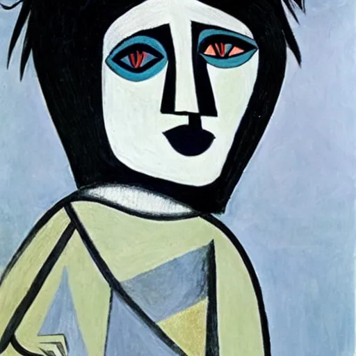 Prompt: an emo painted by pablo picasso. her hair is dark brown and cut into a short, messy pixie cut. she has large entirely - black evil eyes. she is wearing a black tank top, a black leather jacket, a black knee - length skirt, a black choker, and black leather boots.