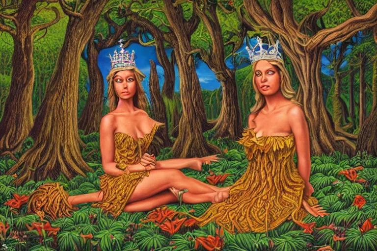 Prompt: a calm beautiful queen sitting in the forest by todd schorr, portrait,