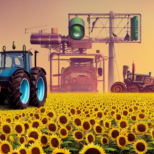 Prompt: hyperrealistic matte painting of cute tractor on the sunflower field, mechanical features and neon, graffiti, scaffolding, smog, destruction by filip hodas, beeple, 4 k, trending on cgsociety