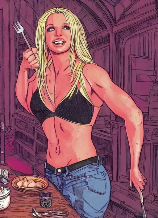 Prompt: a whole body portrait of Britney Spears in Baby One More Time video but in Hogwarts dinning room, surrounded by magic lightnings overlays, as illustrated in a graphic novel by frank miller, D&D style, sharp focus, by Greg Rutkowski and Dan Mumford.