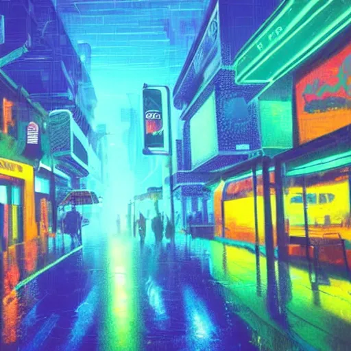 Image similar to a rainy neon-lit street in the future on an alien world