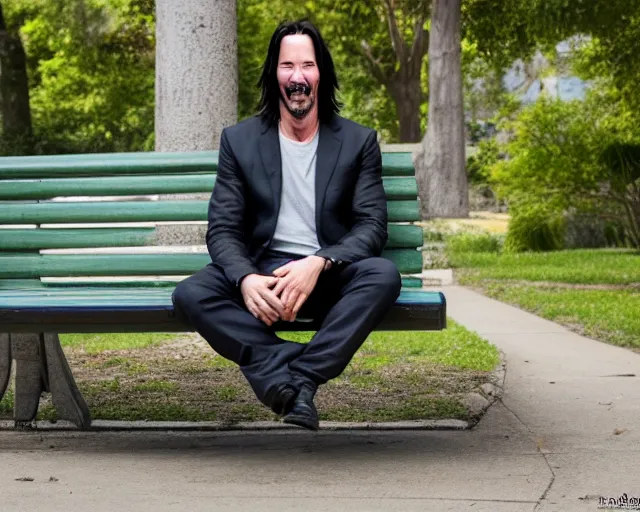Image similar to photo of happy keanu reeves sitting on a bench in a park. lifelike. ultra detailed. intricate. soft light. nikon d 8 5 0.