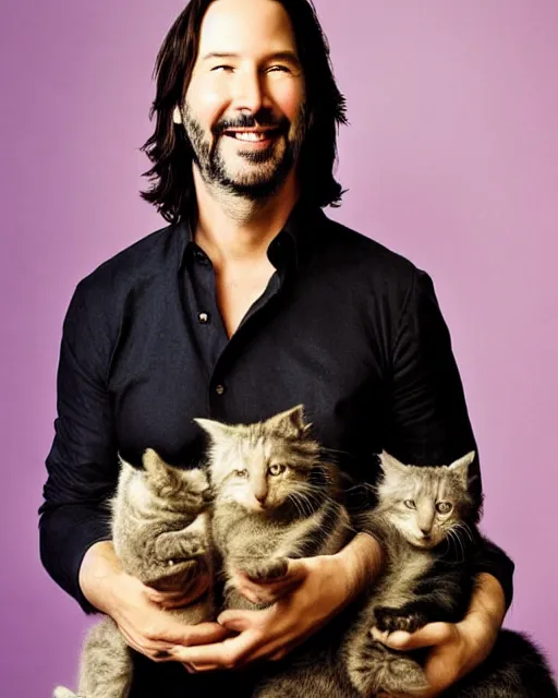 Prompt: “ head and shoulders glamour portrait of keanu reeves smiling at the camera and cradling a half dozen kittens in his arms, pastel colored background, high quality photo, photography, dreamy, 8 k, hd, hdr ”
