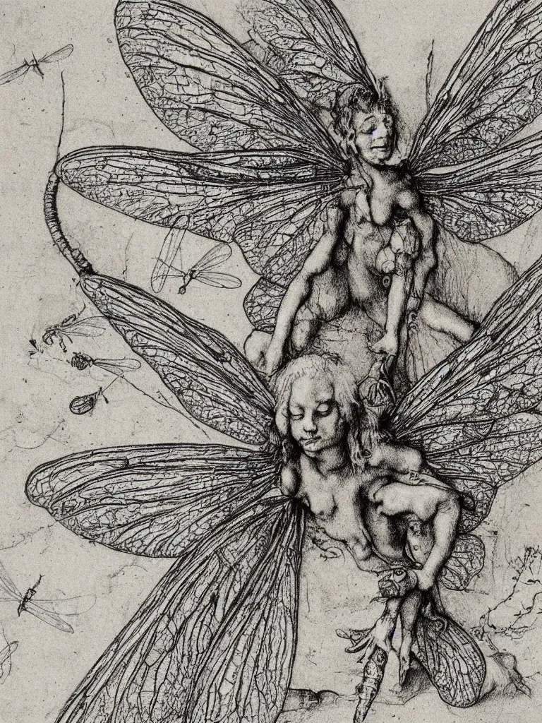 Image similar to annotated detailed sketch drawing of a fairy with dragonfly wings by albrecht durer