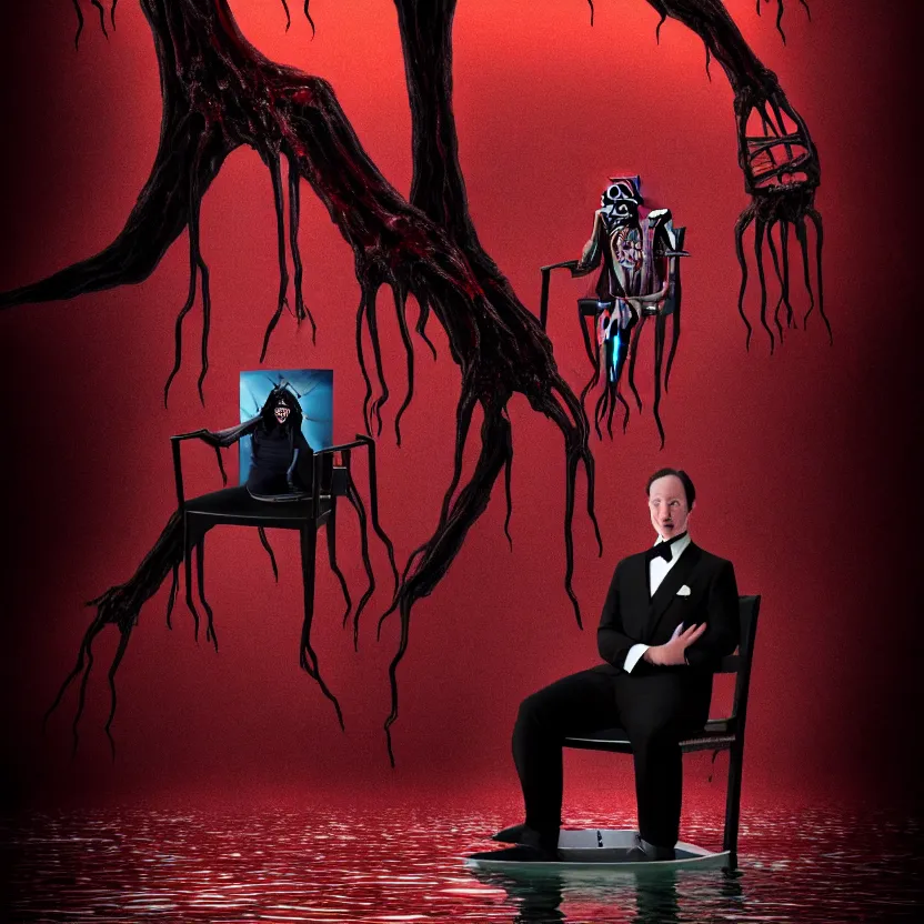 Image similar to a portrait of ( a man in a tuxedo with five heads, twelve arms, and sixteen legs ), sitting on ( chair made of human limbs ), ( the chair is floating in a lake of blood ), ( in the lake is a giant melting tree ), digital art, hyperrealistic nightmare scene, supernatural, highly detailed, creepy, terrifying