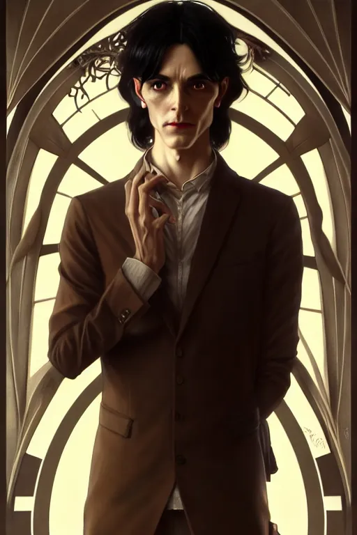 Image similar to ultra realistic, thin man in nice modern clothes, black hair, brown eyes, occult jewelry, fantasy, intricate details, eerie, highly detailed, octane render, 8 k, art by artgerm and alphonse mucha and greg rutkowski