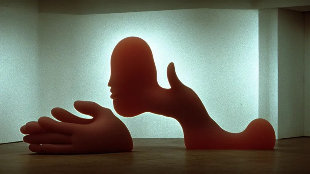 Image similar to a giant hand made of wax float through the living room, film still from the movie directed by Denis Villeneuve with art direction by Zdzisław Beksiński, wide lens