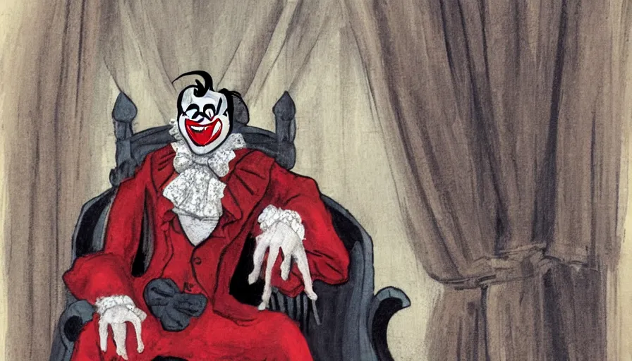 Image similar to a vampire sitting on a throne in his castle during the american revolution. he is surrounded by paintings and is wearing a bright clown emoji mask. character design by john and ai