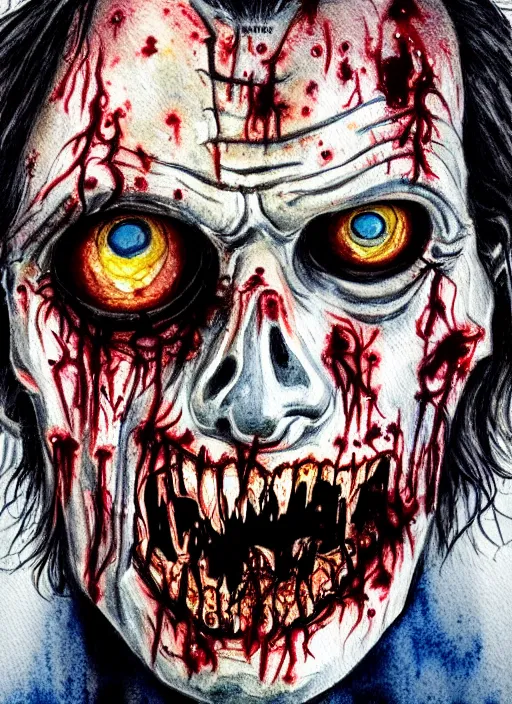 Image similar to zombie hollywood professional acting headshot, hyperrealism, intricate detailed, studio lighting, charming expression gesicht, watercolor art, drawn and painted, colored layers, dulled contrast