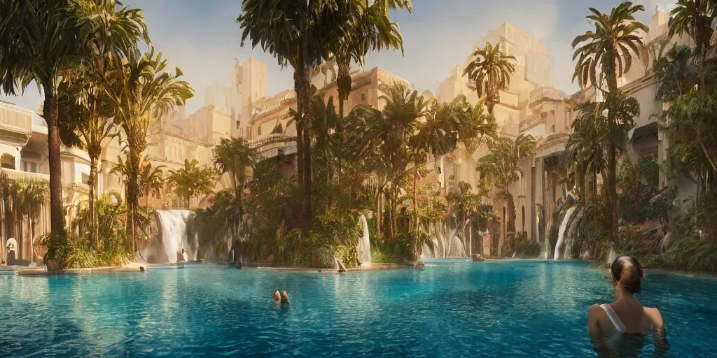 Image similar to beautiful pool waterfalls surrounded by palm trees, moroccan tile archways, industrial buildings, ivory towers, sun setting, ross tran, fantasy, james jean, peter morbacher, angelarium, alchemy, luxury, heavenly light, soft illumination, trending on artstation, cinematic lighting, digital painting, octane render, artgerm