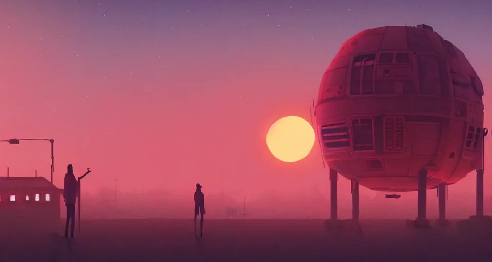 Prompt: A very very very dim Outpost with a sunset, red atmosphere, very hazy, rendered by simon stålenhag, rendered by Beeple, Makoto Shinkai, syd meade, synthwave style, environment concept, digital art, starwars, unreal engine, 3 point perspective, WLOP, trending on artstation, low level, 4K UHD image, octane render,