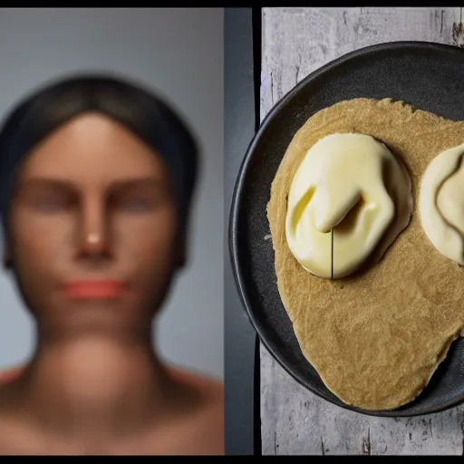 Image similar to mayonnaise in the shape of a human face, human face made out of mayonnaise, professional food photography, unreal engine