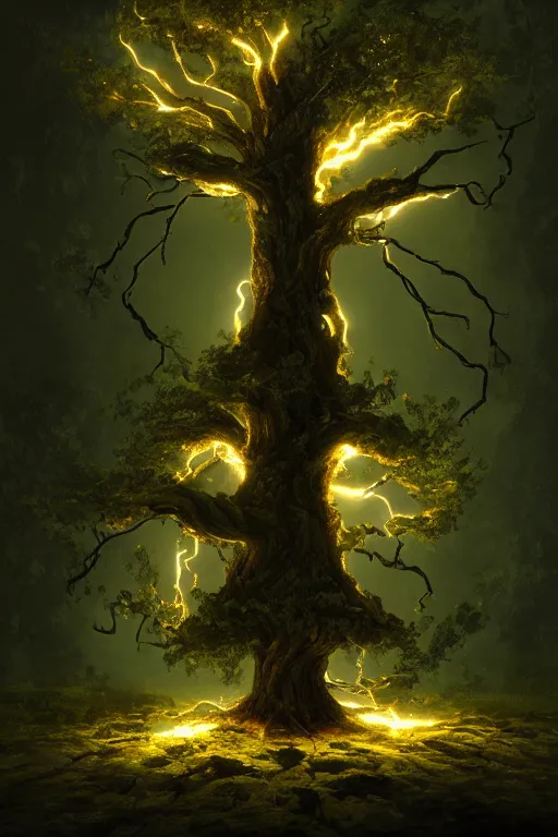 Image similar to a tree with lightning for leaves, overexposure, electricity, night, unreal engine, digital art, 8 k, oil painting, fantasy art, illustration, detailed and intricate environment