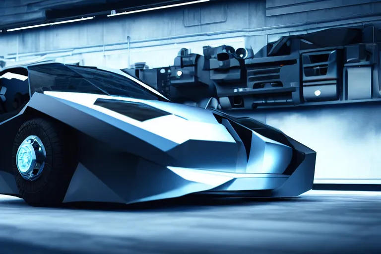 Image similar to cyberpunk batmobile concept inspired sports car, futuristic look, highly detailed body, very expensive, photorealistic camera shot, bright studio setting, studio lighting, crisp quality and light reflections, unreal engine 5 quality render