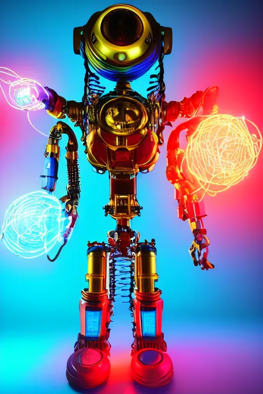 Image similar to portrait photo of a giant huge golden and blue metal humanoid steampunk robot singer with multicolored microphones and big gears and tubes, a red glowing microphone, blue headphones, eyes are glowing red lightbulbs, shiny crisp finish, 3 d render, 8 k, insaneley detailed, fluorescent colors, background is multicolored lasershow