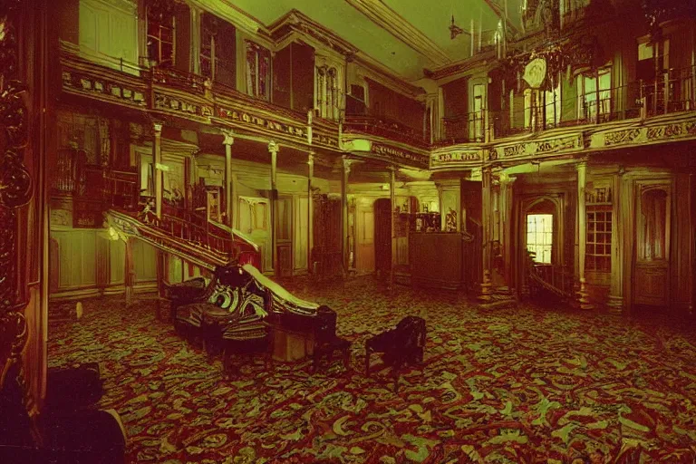 Image similar to full - color 1 9 9 0 s photo of the interior of a spooky elegant mansion at night. the interior architecture and layout are illogical, surreal, bizarre, complicated, and labyrinthine. there is a faintly - visible victorian ghost lurking. highly - detailed high - resolution photography.