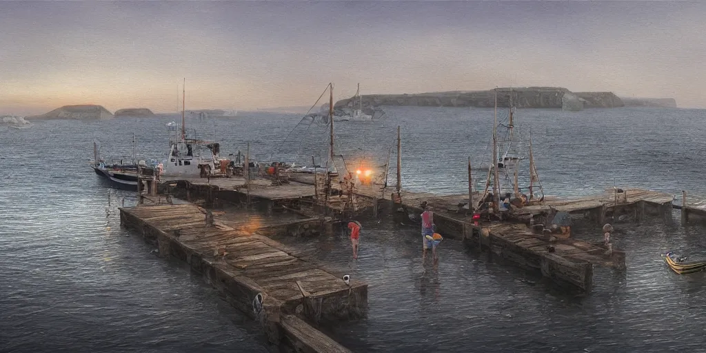 Prompt: wood dock low on water, child at edge of dock, big fishing boat next to the dock with waving sailors. low angle, sunrise, a mediterranean phoenician fishing village in the distance, chalk cliffs above, highly detailed, digital painting, artstation, concept art, sharp focus, illustration, art by artgerm and raphael lacoste and magali villeneuve