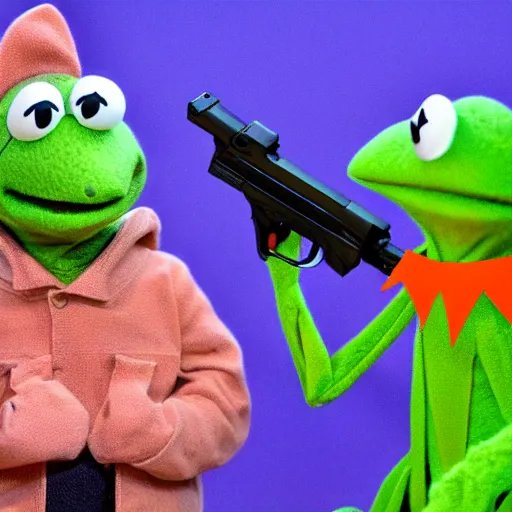 Prompt: kermit the frog with a gun in his hand