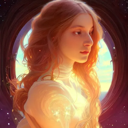 Image similar to aurora, girl with super long hair, hair becoming bright stars, intricate, highly detailed, digital painting, artstation, concept art, smooth, sharp focus, illustration, unreal engine 5, 8 k, art by artgerm and greg rutkowski and alphonse mucha