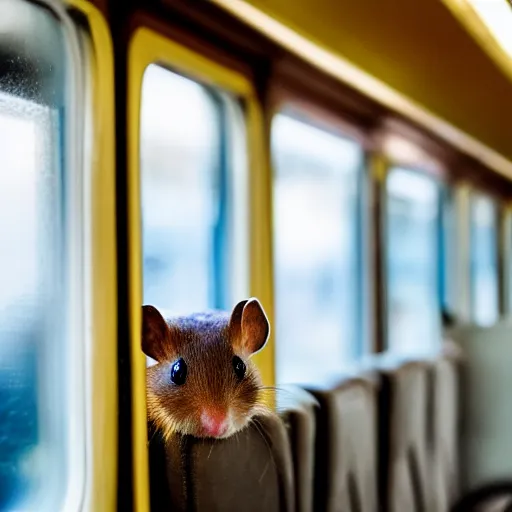 Prompt: photo of a train interior, a brown hamster is sitting on a seat in a train, various poses, unedited, soft light, sharp focus, 8 k