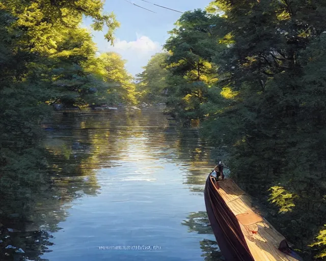 Image similar to one single wooden steam boat in a very narrow river, trees, shady, ripples, reflections. 3 boys and girls are standing in the boat. By Makoto Shinkai, Stanley Artgerm Lau, WLOP, Rossdraws, James Jean, Andrei Riabovitchev, Marc Simonetti, krenz cushart, Sakimichan, trending on ArtStation, digital art.