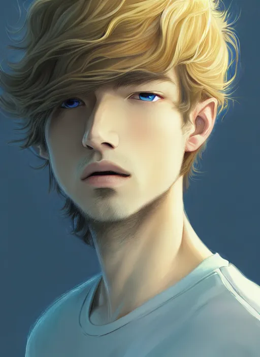 Image similar to young man with medium - length, curly, golden hair, perfectly proportioned face, aquamarine eyes, sorrow, natural lighting, path traced, highly detailed, high quality, cartoon, digital painting, by new haicheng and studio ghibli