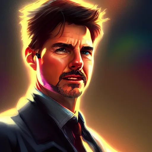Prompt: Tom Cruise playing Tony Stark, ambient lighting, 4k, alphonse mucha, lois van baarle, ilya kuvshinov, rossdraws, artstation