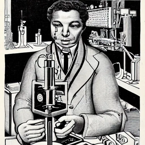 Image similar to a black and white drawing of a man in a lab, a mid - nineteenth century engraving by eduardo paolozzi, behance, les automatistes, concert poster, poster art, tarot card