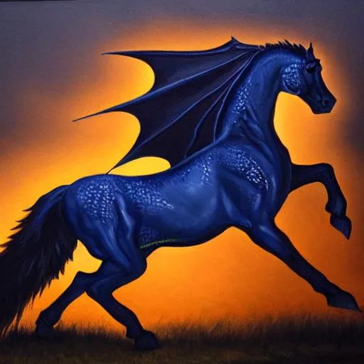 Image similar to oil painting horses mixed with dragon at night backlit