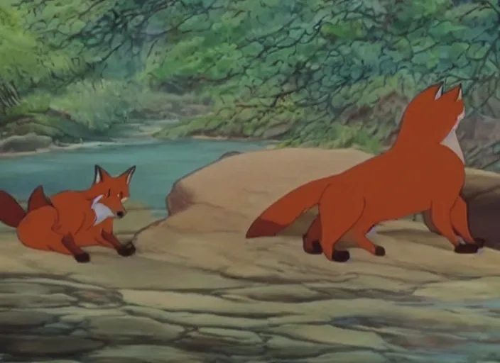 Image similar to sunningrocks by the river's shore, still frame from the fox and the hound ( 1 9 8 1 )