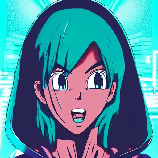 Image similar to bulma in hoodie, portrait, vaporwave, synthwave, neon, vector graphics, cinematic, volumetric lighting, f 8 aperture, cinematic eastman 5 3 8 4 film