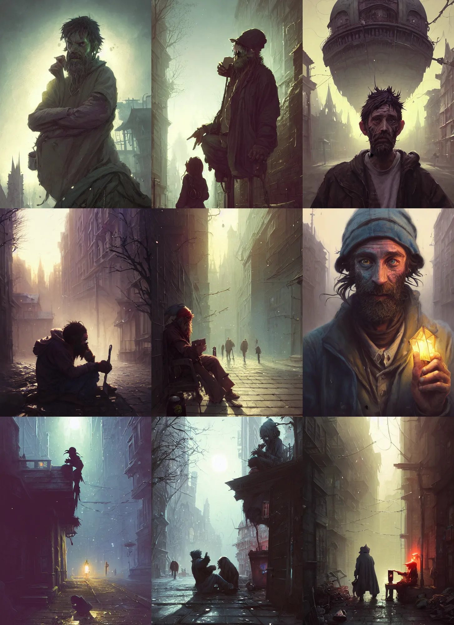 Prompt: Highly detailed portrait of homeless and beaten up Ashcan Pete, Stephen Bliss, Arkham Horror, Lovecraft, unreal engine, fantasy art by Greg Rutkowski, Loish, Rhads, ferdinand knab, Makoto Shinkai and Lois van baarle, ilya kuvshinov, rossdraws, Tom Bagshaw, global illumination, radiant light, detailed and intricate environment