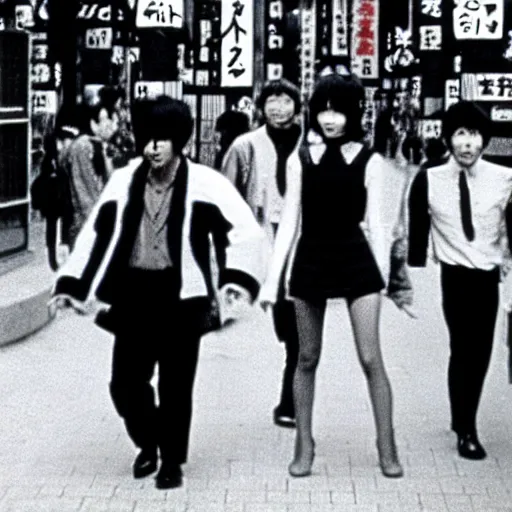 Prompt: 1 9 7 0 s, black and white japanese tv show, ph, mechanical monsters walking the streets of shinjuku